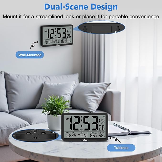 WallarGe Atomic Wall Clock with Backlight, Digital Wall Clock Battery Operated for Classroom, Bedroom, Office, Large Display with Indoor Temperature, Humidity, Date, AUTO DST, 6 Time Zones