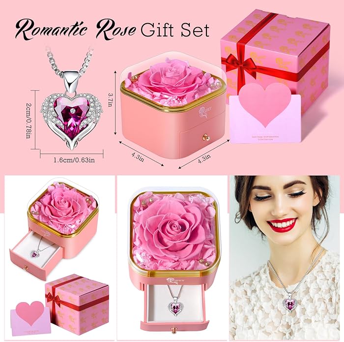 Valentines Day Gifts for Her - Preserved Real Blue Rose with Heart Necklace, Forever Flowers Gifts for Mom Grandma Wife Girlfriend at Christmas, Valentines, Mothers Day, Anniversary or Birthday Gifts for Women to Send Love
