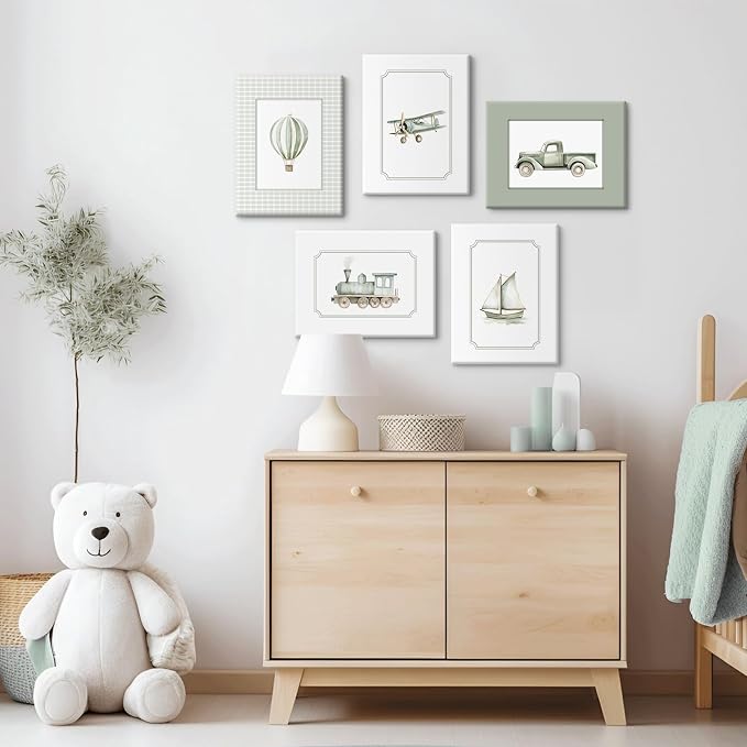 Sage Green Nursery Wall Art Boys Room Canvas Poster Kids Wall Decor Vintage Vehicle Prints Baby Toddler Pictures Transportation Plane Painting Train Truck Artwork for Bedroom 8x10 Inch Ready to Hang