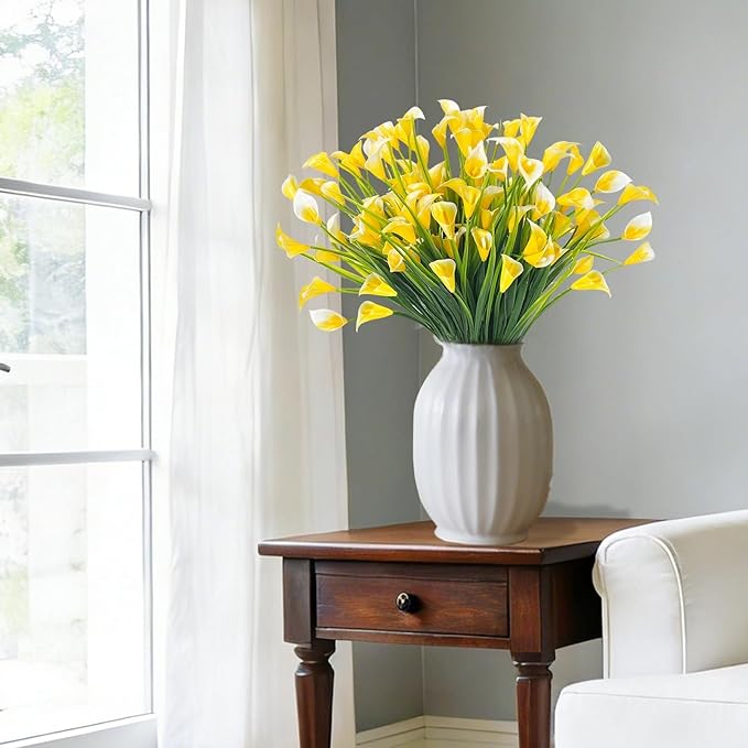 TURNMEON 20 Bundles Calla Lily (400 Heads) Artificial Flowers for Outdoors, Fake Plants UV Resistant Faux Plastic Fake Flowers for Indoor Planter Home Porch Yard Spring Summer Cemetery Decor(Yellow)