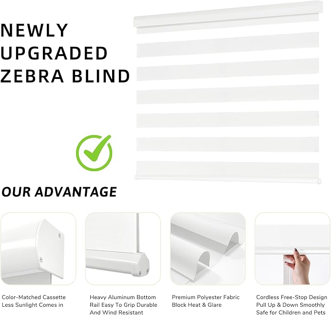 ChrisDowa Cordless Zebra Blinds for Windows, Dual Layer Free-Stop Light Filtering Window Roller Shades, Pull Down Privacy Zebra Shades for Home, Office, Bedroom, Door (70" W x 72" H, White)