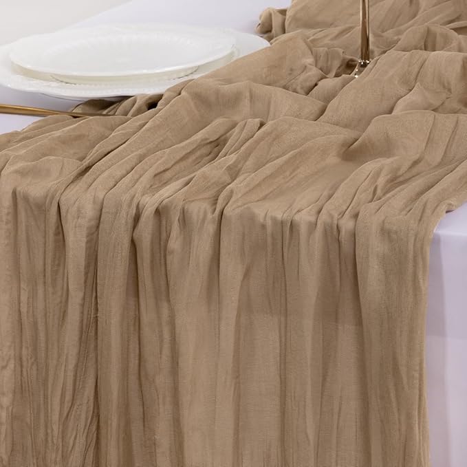 Socomi 6pcs Nude Brown Cheesecloth Table Runner Easter Spring Boho Rustic Gauze 120 inch 10FT Cheese Cloth Runner for Wedding Party Baby Shower Birthday Home Decor Holiday Decorations