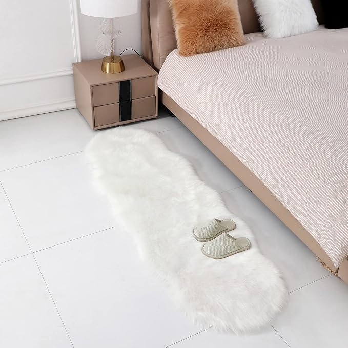 linmopm Excluding Insert Faux Fur Sheepskin Square Pillow Cover 2 Pcs White,18x18Inch+Super Soft Fluffy Faux Fur Sheepskin Rugs 2x6 ft Sheepskin, White