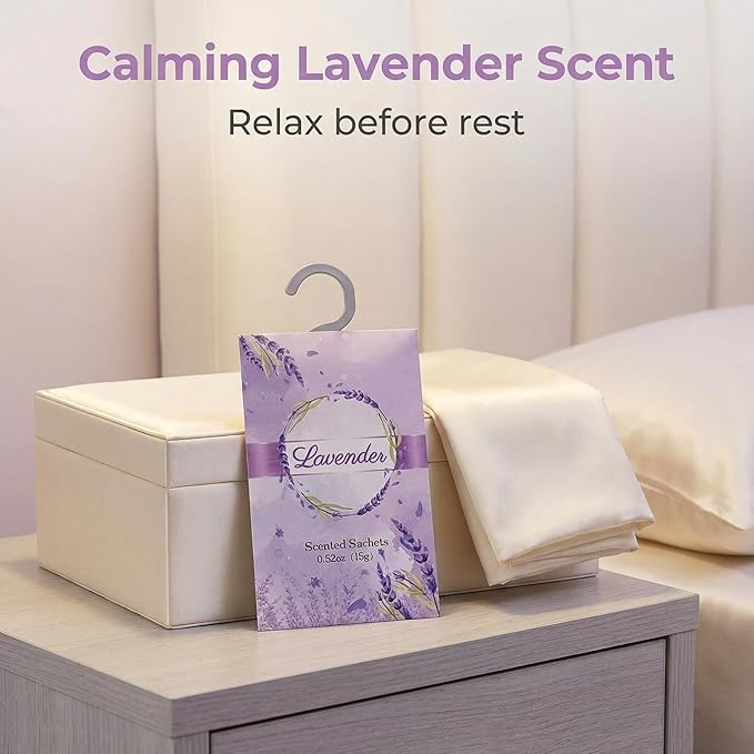 12 Packs Lavender Scented Sachets for Closets and Drawers - Natural Lavender Essential Oil Hanging Bags with Retractable Hook - Ideal for Lingerie, Silk Sheets, Bedding & Nightwear Care