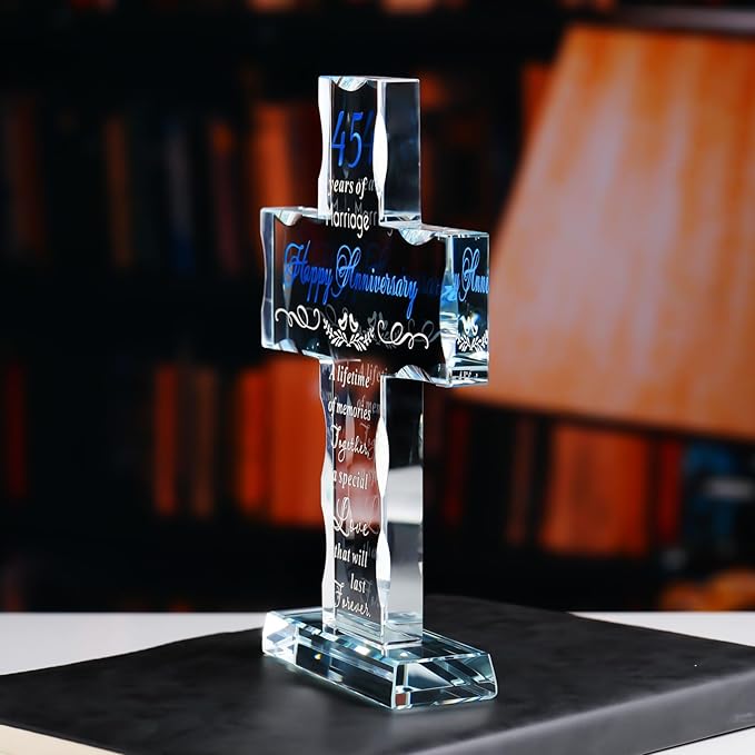 YWHL 45th Anniversary Glass Cross Gift for Parents, 45th Wedding Anniversary Romantic Gifts for Wife Husband, Gifts for Couple Celebrating 45 Years Of Marriage Decorations
