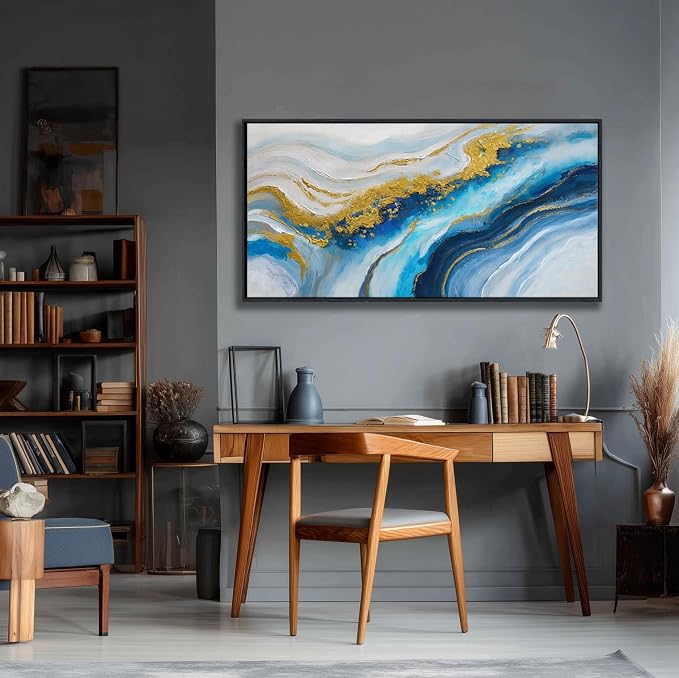 Blue Wall Art for Living Room - Abstract Canvas Wall Art, Modern Gold Painting, Office, Above Bed Wall Decor, Large Pictures for Bedroom Framed Artwork for Walls 29×58IN