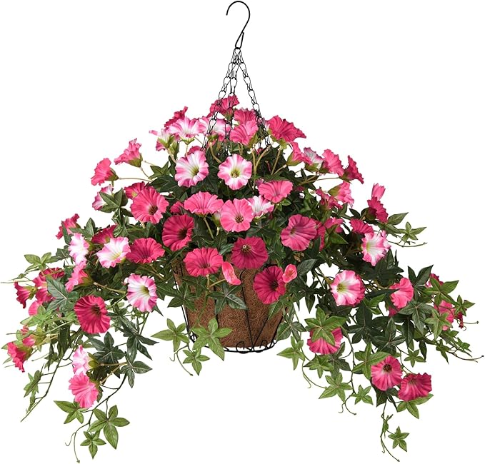 Artificial Fake Flowers Hanging Plants for Outdoor Spring Summer Decoration, 2Pcs Faux Petunias Realistic Silk Flower UV Resistant No Fade for Home Outside Garden Balcony Yard Porch Indoor (Rose Red)