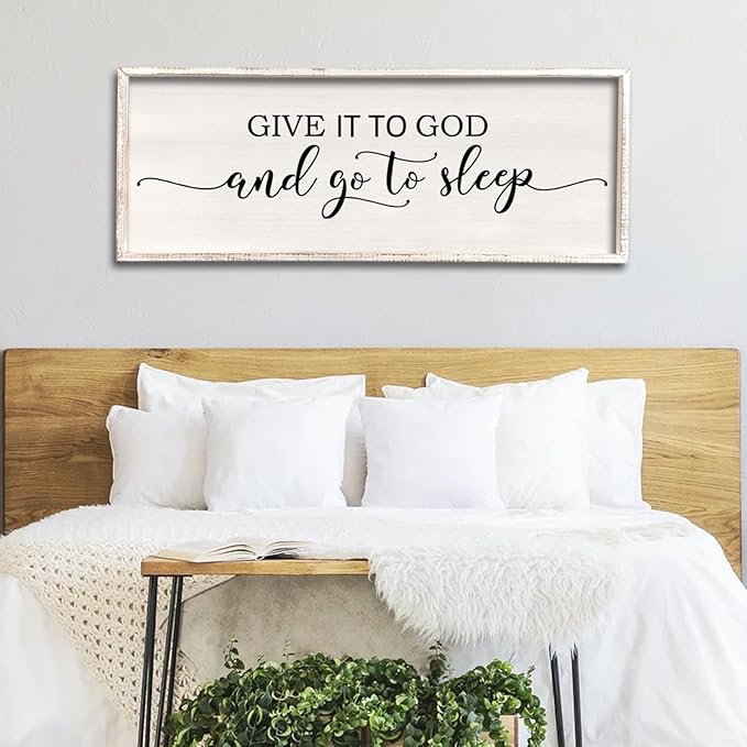 Give It To God And Go To Sleep Sign Wall Decor 32"X12" Master Bedroom Above Bed Large Farmhouse Wall Decor Wood Rustic Framed Over Bed Wall Art Hanging Decoration (White)