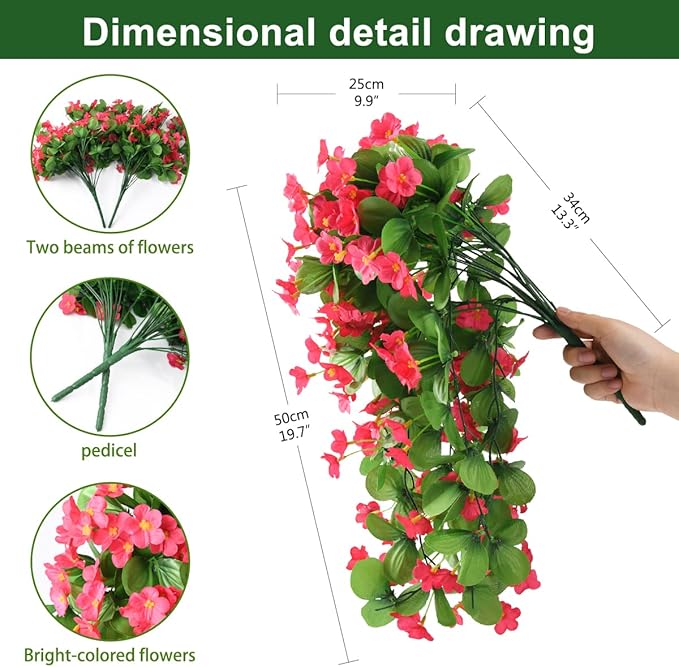 ZFProcess Artificial Fake Hanging Flowers Plants for Outdoor Spring Summer Decoration, 2PCS Faux Silk Violet UV Resistant Look Real Trailing Vines for Outside Home Planter Porch Patio(Rose red)