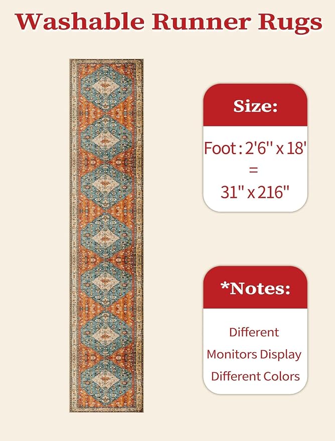 SERISSA Runner Rug for Hallways, 2'6"x18' Washable Non Slip Kitchen Runner Rug, Extra Long Boho Rug Ultra Soft Vintage Tribal Print Floor Carpet for Hallway Living Room Dining Room Bedroom