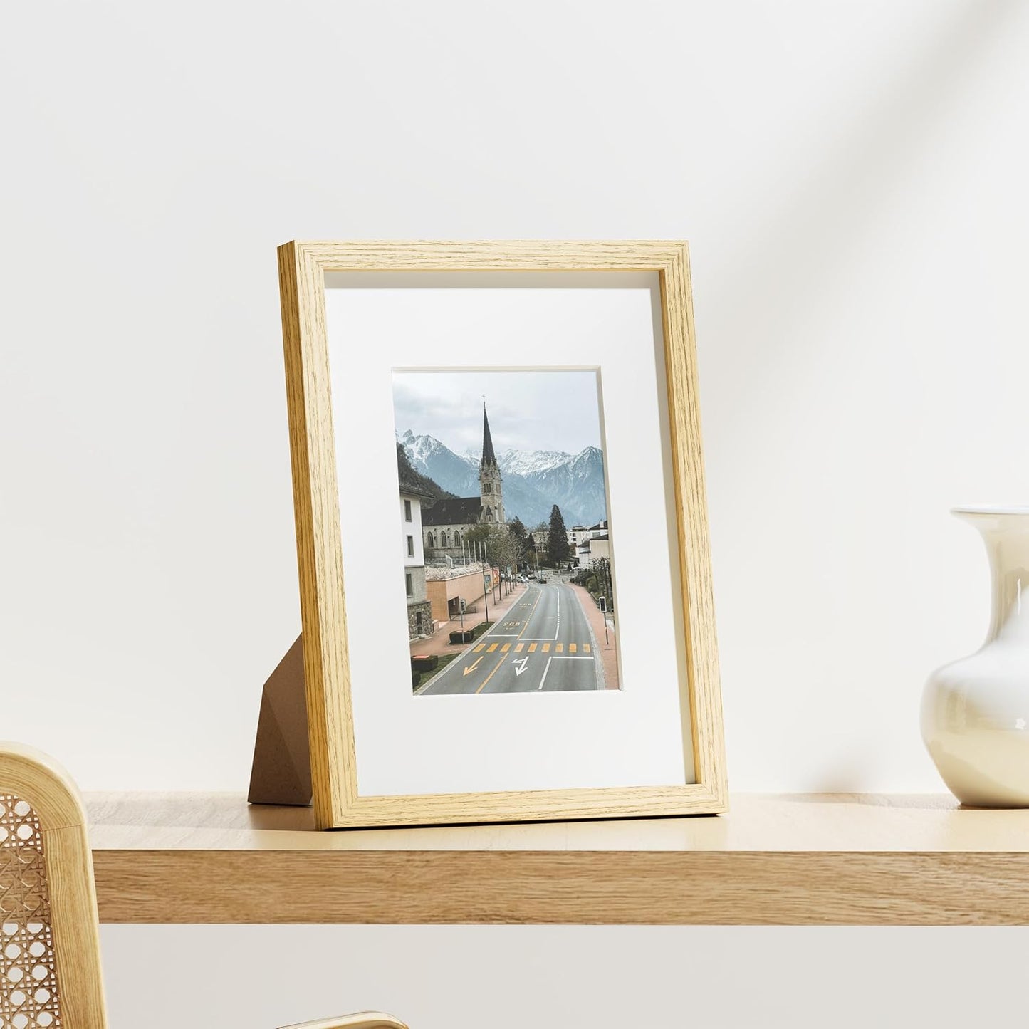 Vittanly 9x12 Picture Frames Set of 9, Shatter Resistant Plexiglass, Display 6x8 Pictures with Mat or 9x12 without Mat, Photo Frames for Wall or Tabletop, Engineered Wood, OAK