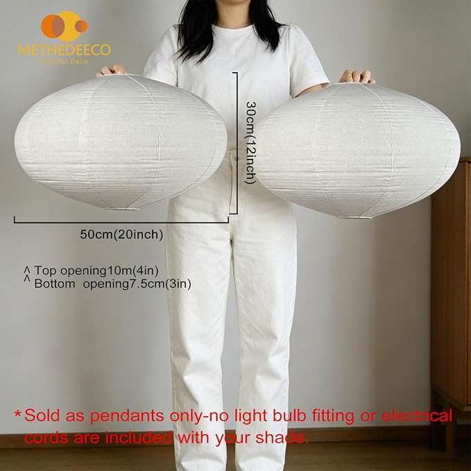 METHEDEECO 2 Pack Oval Hanging Lamp Shades, 20 Inch Faux Linen Fabric Pendant Light Covers, Foldable lantern shades Only, Nature Beige Minimalist Decor for Living Room Bedroom Dining Room