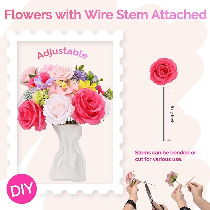 Artificial Flowers Combo Box, 30PCS Fake Flowers, Silk Flower Mix with Wire Stem, DIY Wedding Bridal Bouquet for Arrangement, Shower Party Home Décor, Hot Pink & Rose Mix