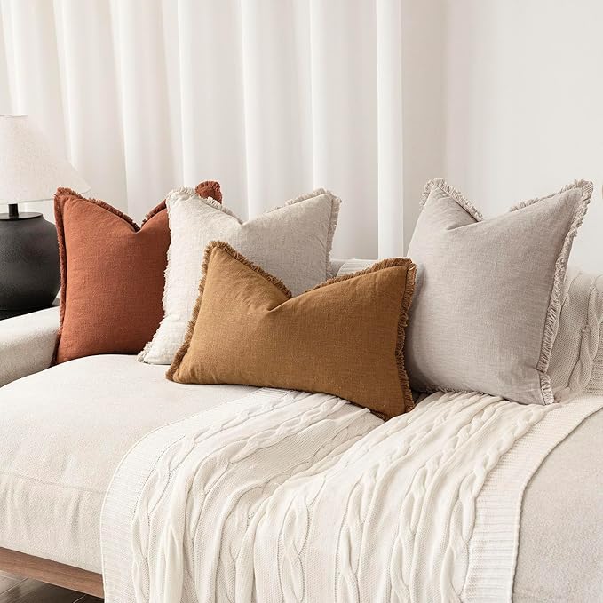 Foindtower Set of 2 Decorative Linen Fringe Throw Pillow Covers Farmhouse Cushion Cover with Tassels Soft Accent Pillowcase for Couch Chair Sofa Bed Living Room Home Decor,24×24 Inch,Fall Rust Orange