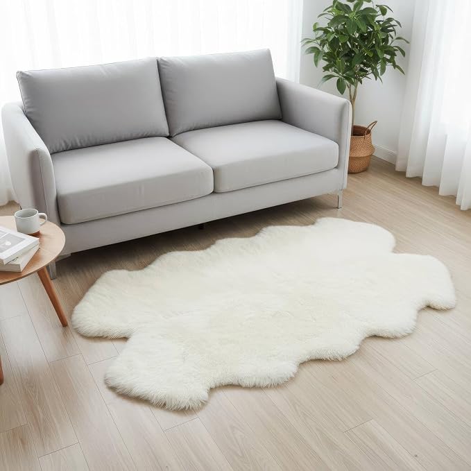Premium Fluffy Sheepskin Rug - Four Pelt Fur Rugs for Living Room, Bedroom or Fireplace - Natural Sheep Skin, Shaggy - Irregular Shaped Genuine Fuzzy Feel - 4ft x 6ft