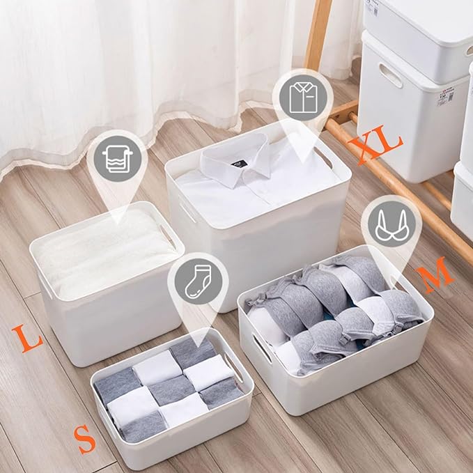 4 pack large plastic White storage bins with Lids, Toy Box Chest with Handle,Organizer Containers Baskets for Baby,Nursery,Shelves,Playroom, Bedroom,Office,Closet,home (White, 4M)