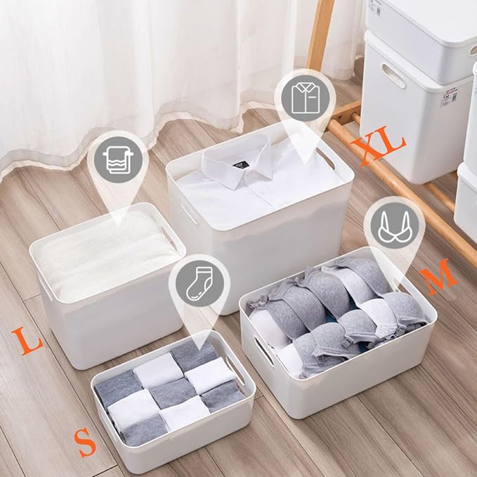4 pack large plastic White storage bins with Lids, Toy Box Chest with Handle,Organizer Containers Baskets for Baby,Nursery,Shelves,Playroom, Bedroom,Office,Closet,home (White, 4XL)