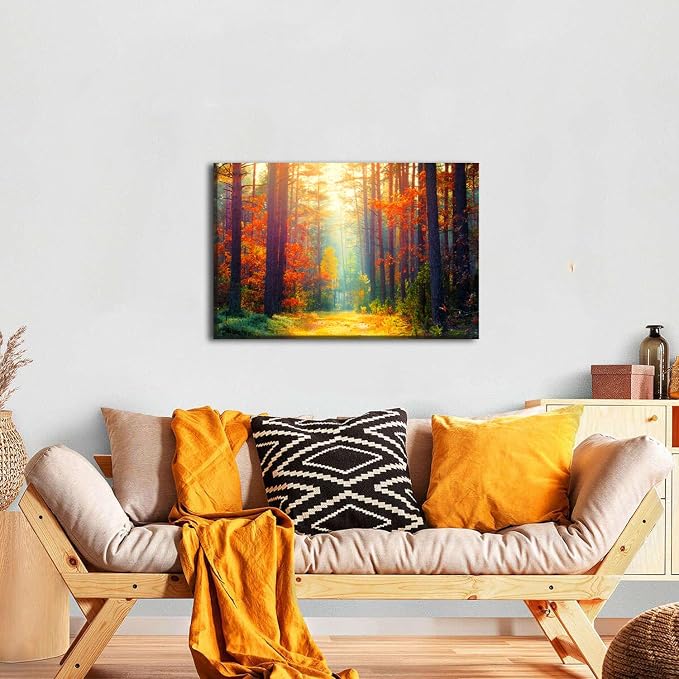 Fall Forest Wall Art Orange Maple Leaves Wall Decoration for Living Room Bedroom Autumn Landscape Pictures Nature Trees Scenery Canvas Print Sun Light Through Forest Painting Artwork Home Decor 20x30”