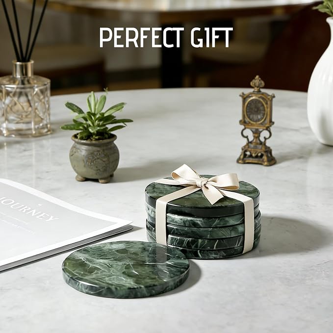 Marble Coasters Set of 6 Green - 4" Round Stone Coasters for Drinks - Luxury Marble Coasters for Coffee Table - Elegant Heat Tolerant Table Decor for Home, Office, Dining, Ideal Housewarming Gift