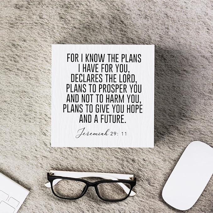For I Know the Plans I Have for You Jeremiah 29:11 Wooden Box Sign Inspirational Decor Christian Gifts Bible Verse Decorations for Home Office Shelf Table Desk Gifts for Women 5 x 5 Inch