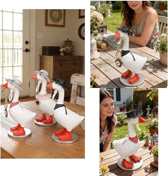 Desk Mini Goose Key Holder 7 inch with 4 set Outfits, Desktop Magnetic small Proch Goose Resin Statue, Cute Figurines Keychain Hanging, Table Decor for Home house Office Bedroom, Housewarming Gifts