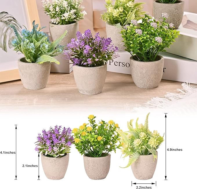 LUEUR Set of 6 Potted Artificial Flowers Arrangement, Fake Flowers with Vases Faux Flowers in Pot for Centerpiece Table Decorations Spring Decor for Home Office Desktop