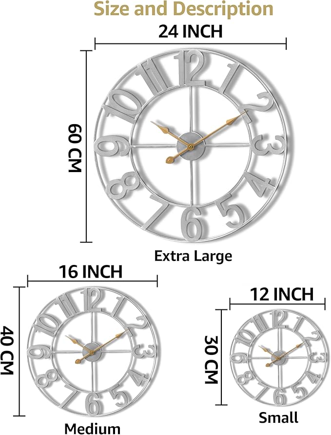 Sorbus Large Wall Clock for Living Room Decor - Wall Clock for Kitchen - 16 inch Big Wall Clock Decorative - Metal Wall Art - Analog Large Clock for Bedroom, Home, Kitchen, Office, Wall Decor (Silver)