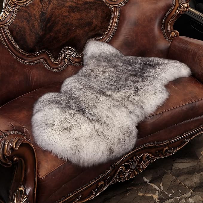 IRIWOOL Premium Genuine Fur Sheepskin Rug Real Australia Sheepskin Natural Luxury Fluffy Lambskin Fur Area Rug Seat Covers for Kids Bedroom Sofa Chair Cover (Gray Tip, Single Pelt/2ft x 3ft)