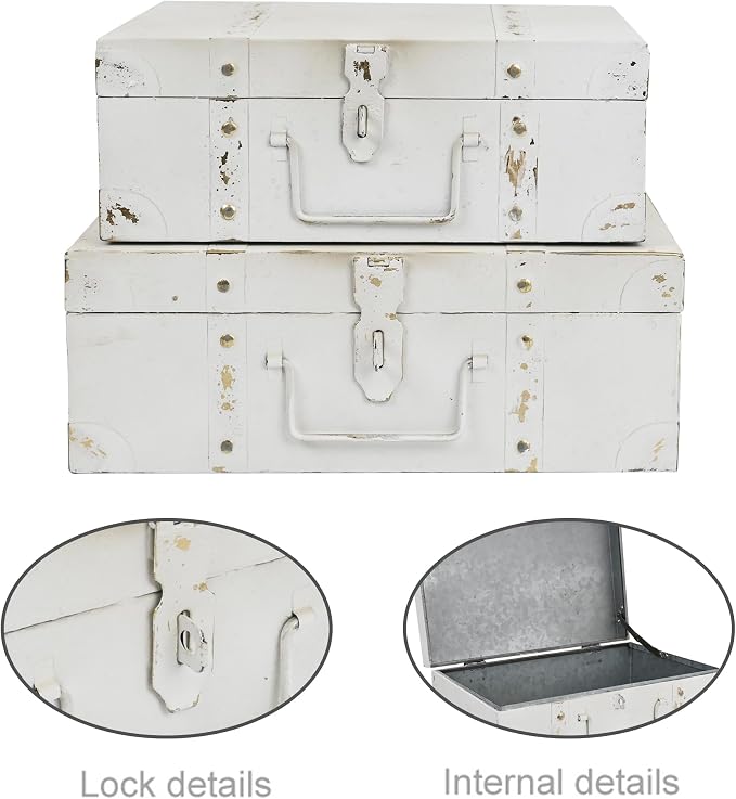 Vintage Metal Storage Trunks - Set of 2, Antique Decorative Storage Chests with Lids, Decorative Suitcase Boxes, Vintage Suitcases for Keepsakes and Home Decor, White