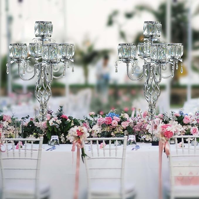 23.2 inch Tall Elegant and Chic 5 Arm Pendant Crystal Candlestick Holder Table Decoration tealight Candle Holder, Candelabra for Gorgeous Wedding/Parties Table Centerpiece (4, Silver)
