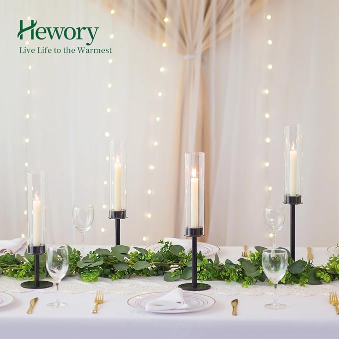 Hewory Black Candlestick Holders Hurricane Candle Holder, 3Pcs Candle Stick Candle Holder Candelabra, Taper Candle Holders with Glass Candle Cover for Wedding Table Centerpiece Christmas Decor