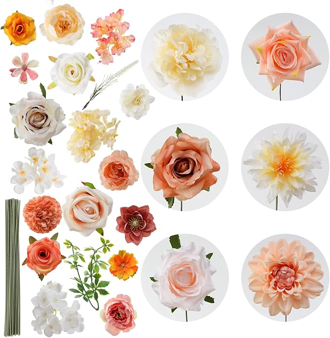Floweroyal Artificial Flowers Combo Champagne Flowers Mix Silk Flowers Dahlia Roses with Stems for DIY Wedding Bridal Bouquets, Baby Shower, Floral Arrangement, Table Centerpieces, Home Decorations.
