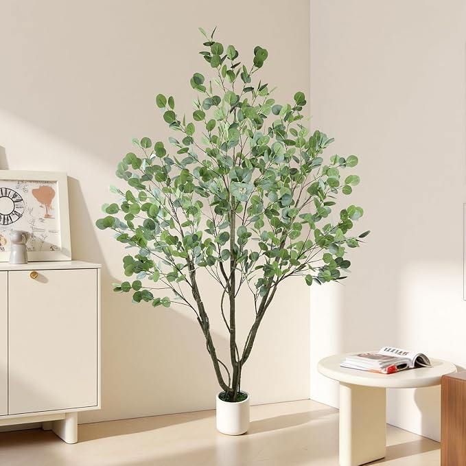 Caxchiling Large Artificial Eucalyptus Tree 6FT, Indoor Outdoor Faux Tree | Natural Trunk with White Planter for Home Office Living Room Front Door Decor