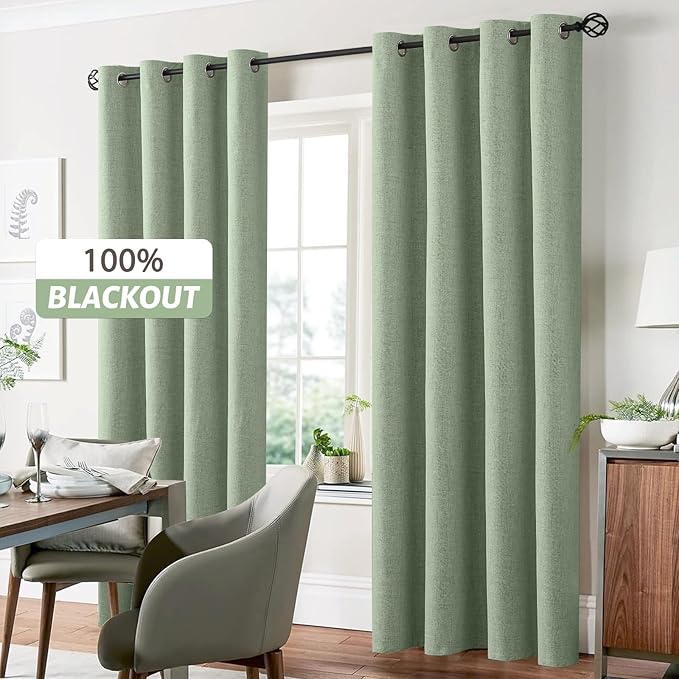 Yakamok Light Sage Green Linen Curtains 100% Blackout 84 Inches Long,Room Darkening Textured Curtains for Living Room Thermal Grommet Bedroom Curtains 2 Panels with White Liner