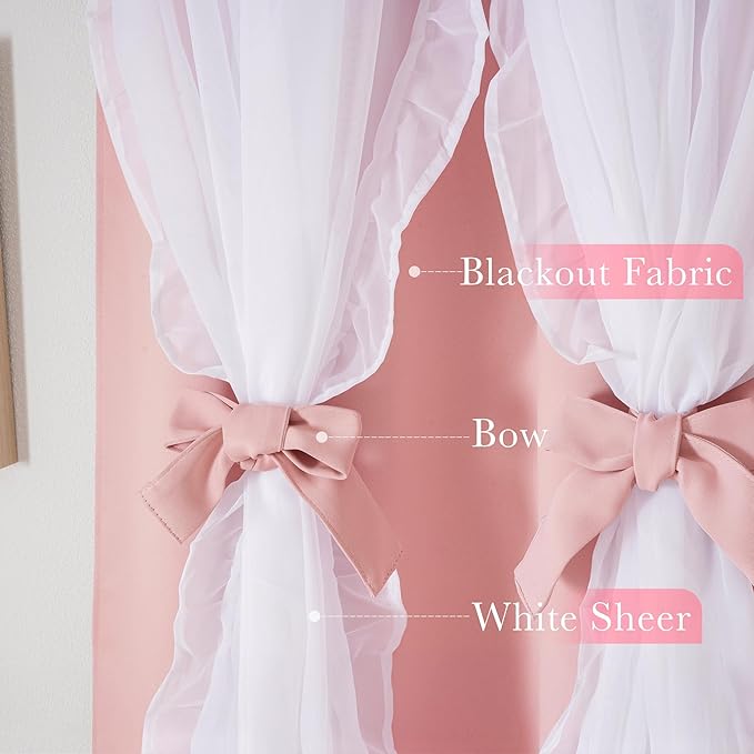 PONY DANCE Pink Curtains for Nursery, Double Layer Bow Curtains with Ruffle Sheer Overlay for Girls Bedroom,Cute Shabby Chic Room Darkening Drapes in Coquette Style,Blush Pink,52x84 inch, 2 PCs