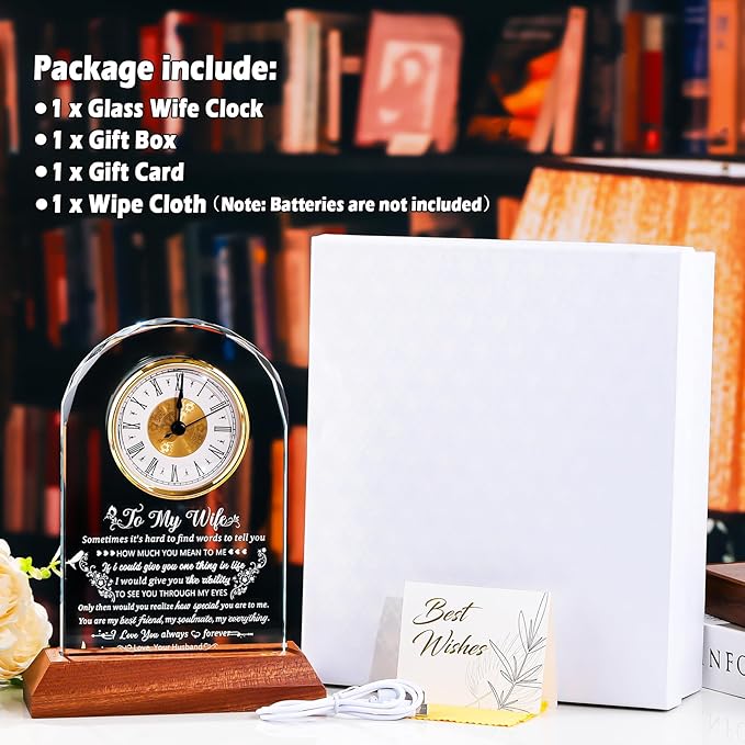 Arikyrist Glass Clock Gifts for Wife from Husband with Wooden Light Base, Personalized Gift for Wife Who Has Everything on Birthday Valentine's Day, Presents for Her on Christmas Home Desk Clock