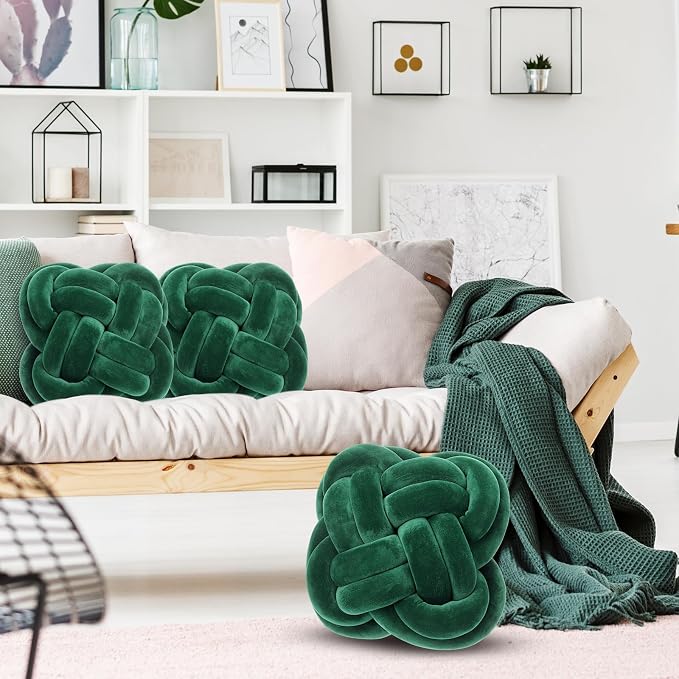 Beeveer 2 Pcs Knot Pillow Balls Set, 12 Inch Soft Decorative Throw Knot Pillow Ball, Large Square Knotted Floor Cushion for Living Room Bedroom Sofa Couch Bed Home Decoration(Dark Green)