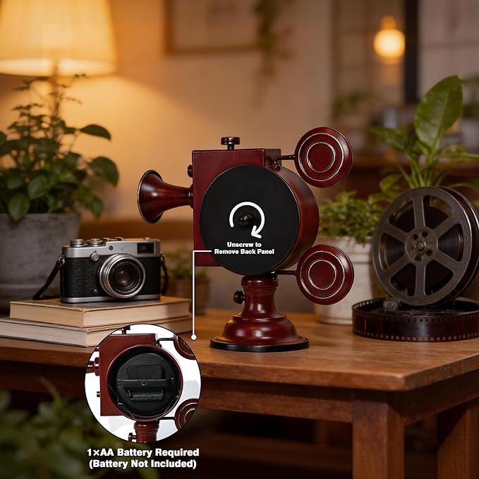 AYRELY® Vintage Industrial Film Projector Mantel Clock, Battery Operated Metal Shelf & Table Clock, Retro Home Décor Gift for Film Lovers, Living Room, Fireplace & Media Room