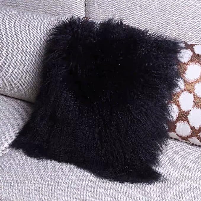 100% Real Mongolian Lamb Fur Cushion Cover/Pillowcase (20x20inch, Black) 1