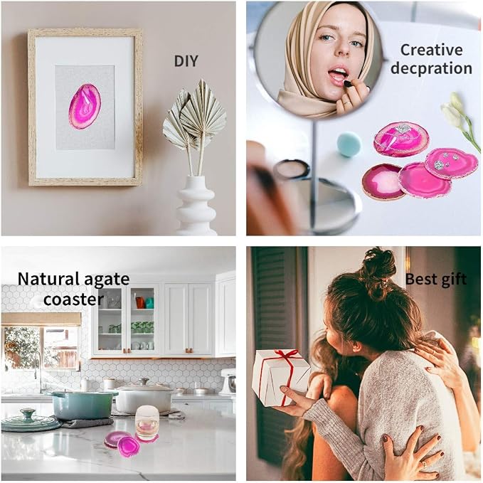 AMOYSTONE Pink Agate Coaster Crystal Quartz Coasters for Drinks Rock Stone Bar Coaster Geode Slices Set of 4 with Rubber Bumpers 3.5-4"