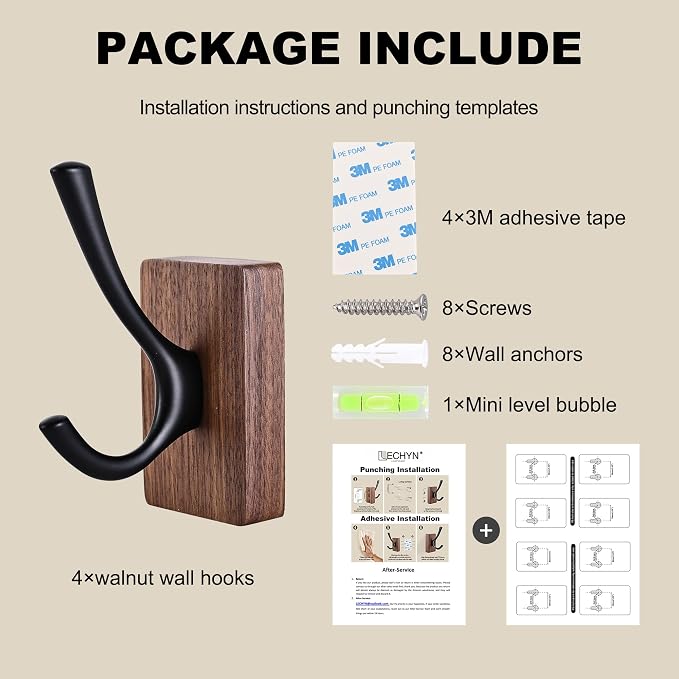 8 Pack Walnut Wood Wall Coat Hooks for Hanging, Adhesive Mounted & Wall Mount Heavy Duty Decorative Wooden Double Hook hanger for Towel Backpack Hat Jacket Clothes Blanket Purse Closet Robe Key