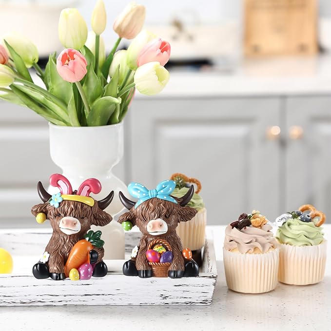 Karenhi 2 Pcs Easter Highland Cow Figurines Bunny Eggs Basket Highland Cow Gnomes Pink Rabbit Scottish Resin Statue Calf Lovers Gifts for Spring Home Kitchen Office Tiered Tray Table Decor
