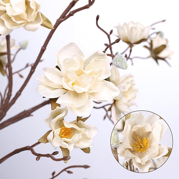 HyeFlora 3PCS Artificial Magnolia Flowers Stems for Spring Decoration, Faux Champagne Magnolia Branches with Buds, 34.5" Long Stems Floral Arrangement for Vase Pot Table Centerpiece Indoor Decor