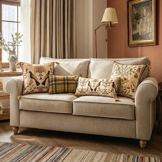 bilin gaier Rectangle Linen Throw Pillow Covers,28"x12" Set of 2-Seville C | Designer Vintage Elegant Pillow Cover,Concealed Zipper,Floral and Bird Pattern,Sofas,Bedroom,Living Room,Chairs
