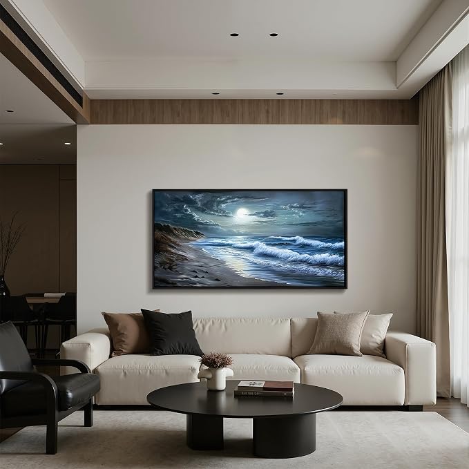 imjiayu Beach Wall Art, Large Framed Wall Art, Coastal Wall Decor, Moonlit Wave Landscape Art, Blue Grey Ocean Picture Prints, Modern Paintings for Living Room Bedroom Hallway Home Office 24"x48"