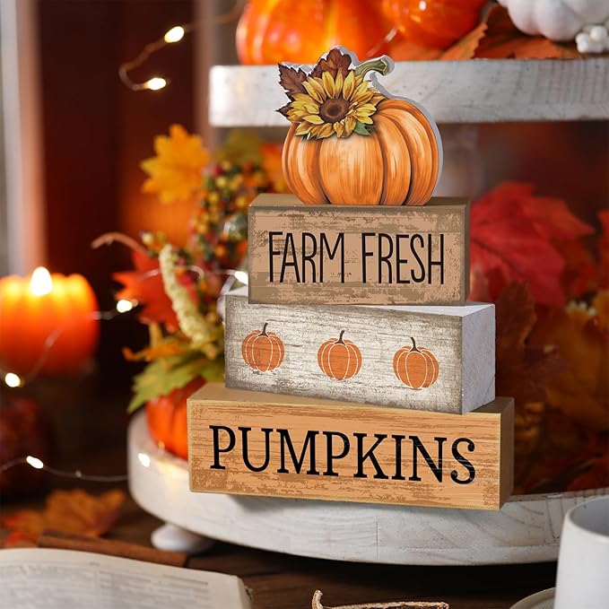 Lineshading 4 Pcs Thanksgiving Pumpkin Decor Fall Table Decoration Fall Tiered Tray Decor Thanksgiving Centerpiece Rustic Decorative Pumpkin Block Signs Farmhouse Harvest Decoration for Home Kitchen