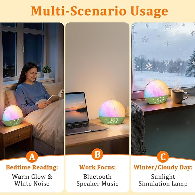 Calm & Gradual Sunrise Alarm Clock: 30‑Min Slow‑Rise Natural Wake Up Light - 20‑Level Dimmable Clock for Heavy Sleepers - Ease of Use Sunrise Simulation with 30 Sleep Sounds White Noise Machine