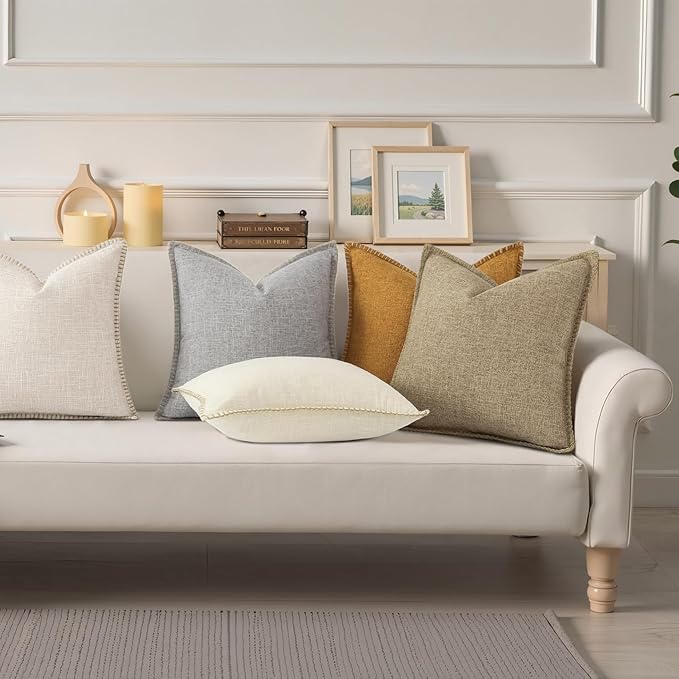decorUhome Summer Decorative Throw Pillow Covers 18x18 Set of 2 Square Faux Linen Outdoor Neutral Farmhouse Pillow Covers with Stitched Edge for Couch Sofa Living Room, Beige