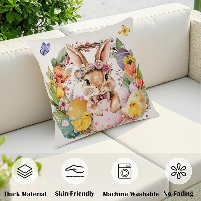 Easter Bunny Pillow Covers Lovely Rabbit with Tulip Flower Throw Pillow Covers 18x18 Set of 2 Colorful Eggs Pillow Cases Spring Floral Wreath Cushion Cases for Home Farmhouse