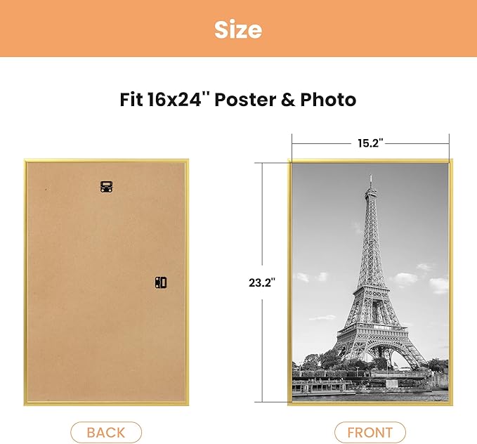 upsimples 16x24 Picture Frame Gold 3 Pack, Scratch-Proof Poster Frames 16 x 24 for Photo Gallery - Slide-In Strips, Horizontal or Vertical Wall Mounting